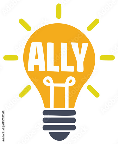 Bright idea lightbulb with the word Ally illuminated inside symbolizing support and inspiration