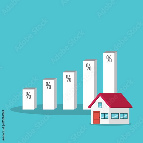 Increasing interest rates. Percentage symbols on increasing high charts bars of next to a house	