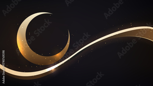 Premium Islamic abstract composition featuring a crescent moon, elegant lines, and sparkling light particles. Perfect for luxurious Ramadan, Eid, or spiritual-themed designs.