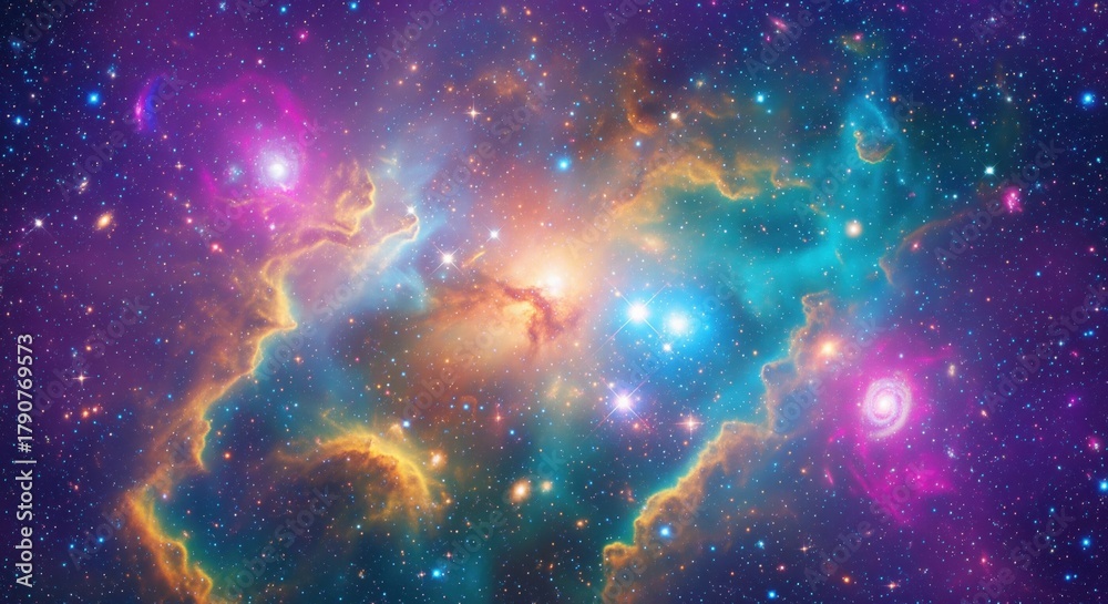 Fototapeta premium Bright space clouds with stars in pink, blue, and orange colors. Shows a cosmic scene perfect for science projects, space themes, and fantasy backgrounds. Stars shine across the view.