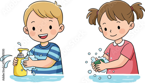 Children washing hands illustration, hygiene routine, soap and water, cartoon kids, health education, clean hands, vector art, foam bubbles