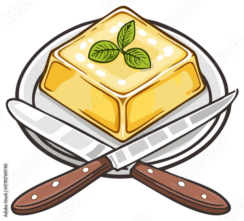 Cartoon pudding on plate with knives, dessert, sweetness, and colorful illustration food object