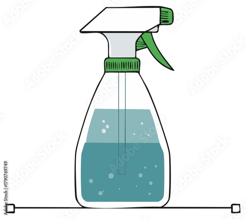 Illustration of a transparent spray bottle with light blue cleaning solution, white top and green trigger