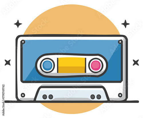 Retro cassette tape with colorful elements and sparkling accents symbolizing music and nostalgia