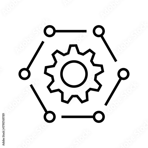 Network Configuration and Integration Gear Icon. A minimalist black outline vector icon representing system configuration, decentralized network, integration, or settings management. The design featur