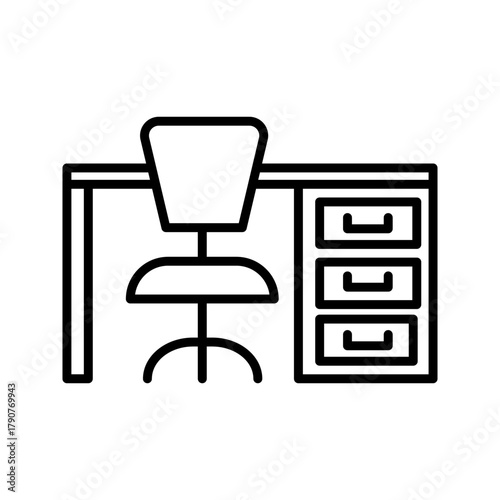 A minimalist black outline vector icon representing a workplace, home office, desk setup, or corporate environment. The design shows an ergonomic office chair with wheels positioned behind a desk that