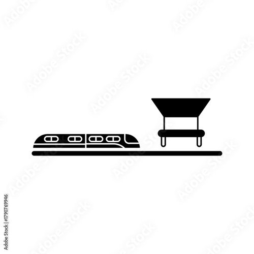 Train Station and Modern Rail Transport Icon.A solid black silhouette vector icon representing a train station, railway platform, subway stop, or public transport hub. The design features a modern hig
