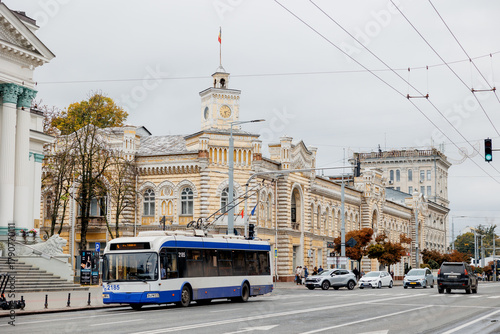 Chisinau City Hall and the blue trolleybus. Republic of Moldova 2025