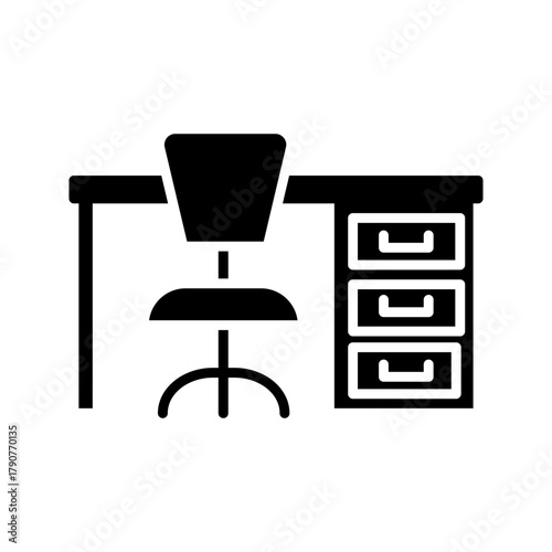 A minimalist black outline vector icon representing a workplace, home office, desk setup, or corporate environment. The design shows an ergonomic office chair with wheels positioned behind a desk that