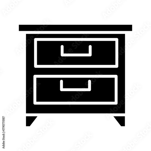 A minimalist black outline vector icon representing a nightstand, bedside table, or small storage drawer cabinet. The design features a square cabinet with two drawers and handles, standing on small l