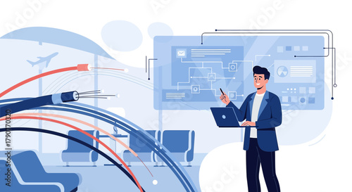 Futuristic airport with high-speed internet technology, travel and connectivity