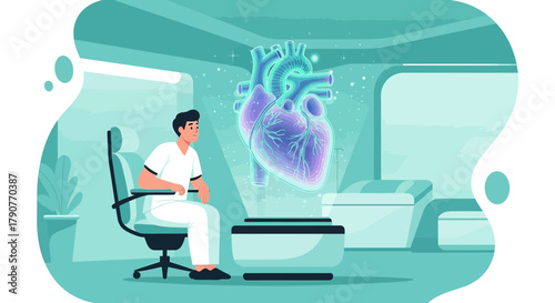 Futuristic cardiology: Doctor examining holographic heart display in modern clinic