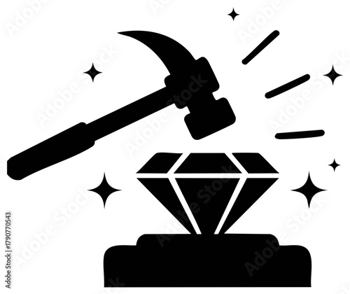 Stylized icon of a pickaxe hitting a sparkling diamond, representing wealth, discovery, and hard work