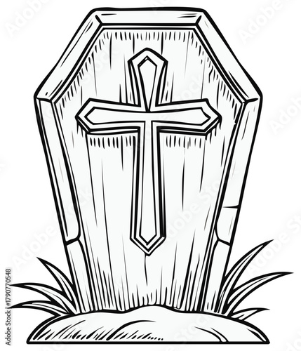 Detailed black and white illustration of a tombstone adorned with a cross in a cemetery setting