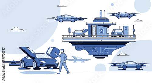 Futuristic depiction of autonomous flying cars and an elevated charging station concept design