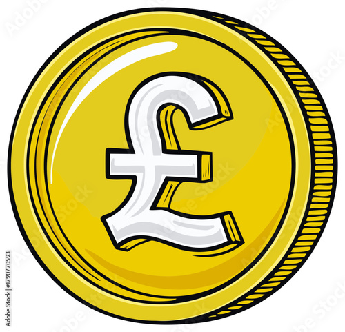 Stylized gold coin featuring a pound sterling currency symbol used in Great Britain and Ireland