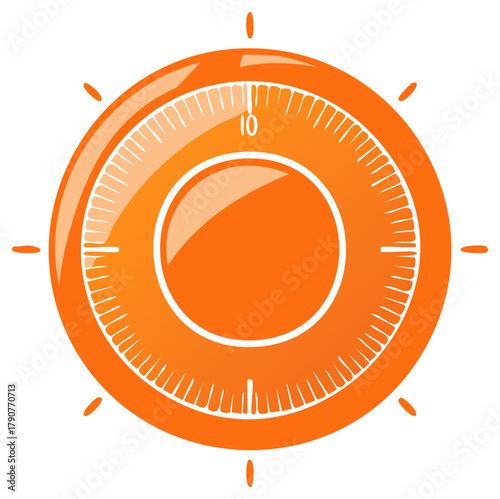 Orange circular dial with sunburst rays and measurement markings
