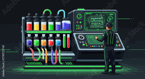 Futuristic industrial machine controlled by a worker featuring colorful liquid samples, digital