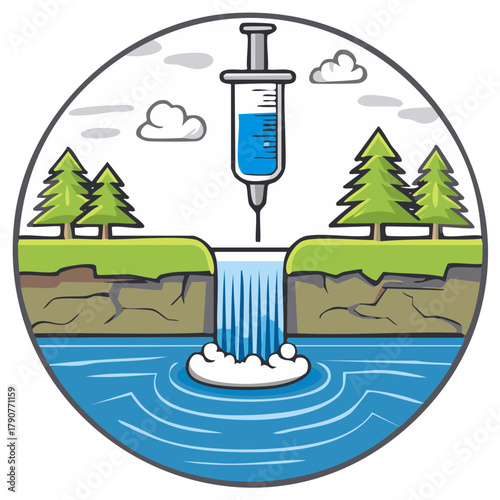Syringe Injecting Liquid into Nature Waterfall Environment Illustration