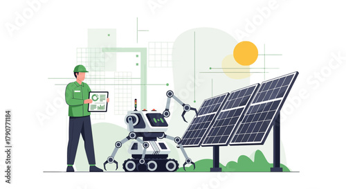 Futuristic solar panel maintenance with robot and engineer analyzing data for sustainability