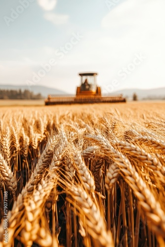 Golden wheat field with a harvesting machine gathering crops under a clear sky.