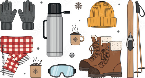 Winter gear and accessories illustration: gloves, scarf, thermos, hat, boots, skis, and hot chocolate on transparent background