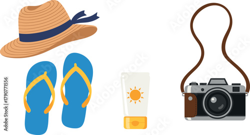 Isolated image of beach vacation items: hat, flip-flops, sunscreen, and camera on transparent background