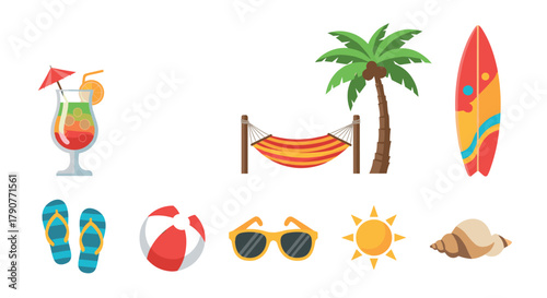 Beach and summer themed vector illustration on transparent background