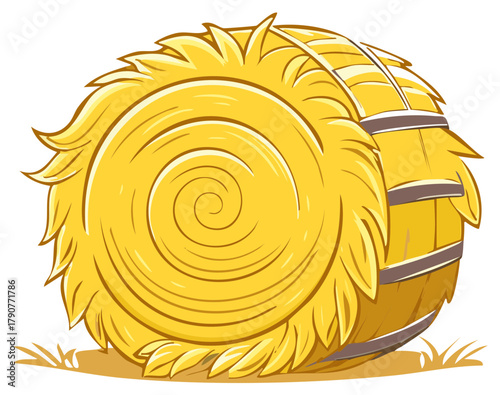 Bright yellow hay bale with stylized spiral pattern resting on the ground cartoon illustration