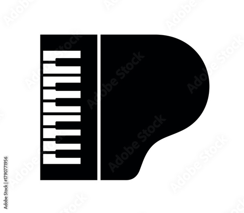 Piano (pianoforte) icon. A symbol of music, a pianist, or a musician. An attribute of a musical instrument, a piano, or a grand piano. Black and white musical keys.