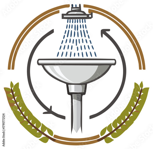 Eco-friendly water conservation concept showing shower, basin, arrows, and lush green leaves for sustainable living