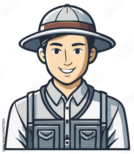 Smiling man wearing safari hat and vest looking at camera