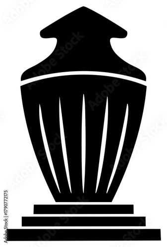 Black silhouette of a decorative classical urn with fluted details resting on a tiered pedestal base