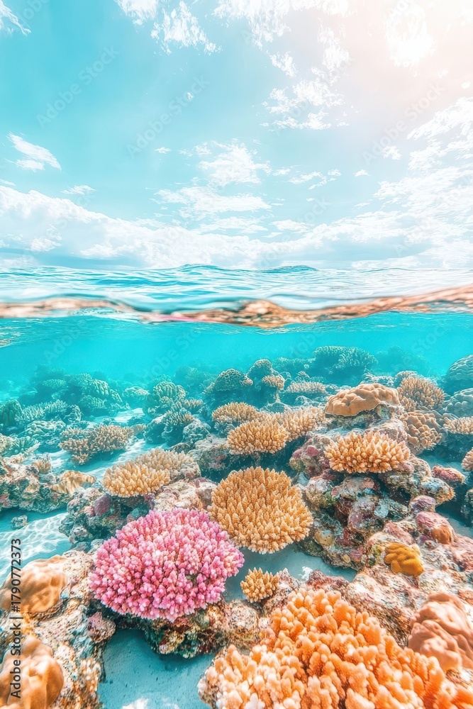 Naklejka premium Vibrant coral reef ecosystem under clear blue sky with fluffy clouds, diverse marine life, ocean depths with colorful underwater formations, natural ocean beauty.
