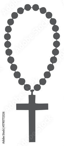 Simple gray holy rosary beads and cross silhouette for prayer and spiritual devotion