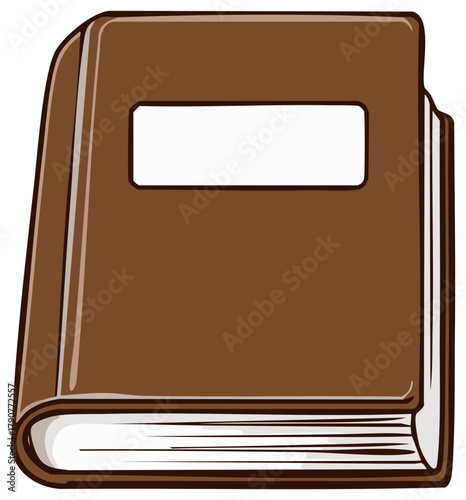 Cartoon illustration of a classic brown hardcover book with a blank label