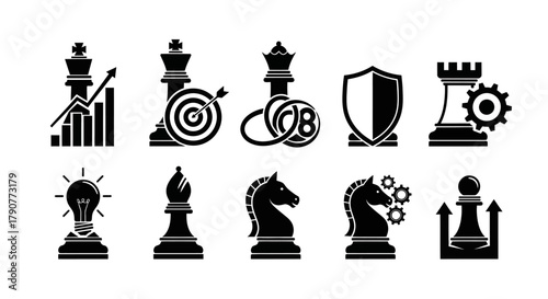Black Silhouette Business Strategy Chess Piece Icons Vector Art – Corporate Planning Symbols, Strategic Leadership Graphics, and Decision-Making Design Elements