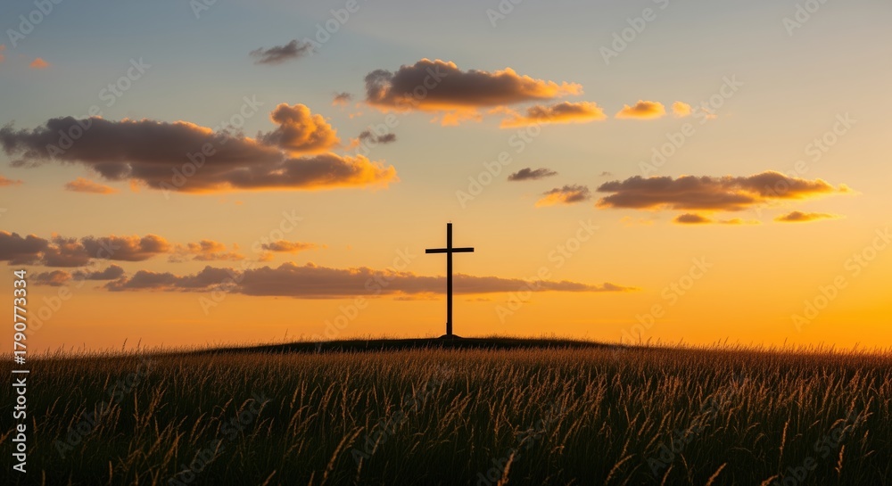 Obraz premium A simple cross stands alone on a grassy hill at sunset. The sky glows with warm orange and golden tones as clouds drift above. Perfect for faith themes, spiritual concepts, or memorial designs.