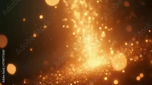 Golden particles swirling in abstract background.