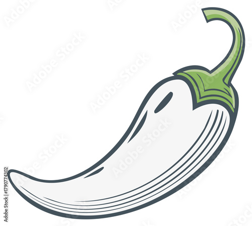 Stylized white hot chili pepper illustration with a green stem in a vintage graphic style