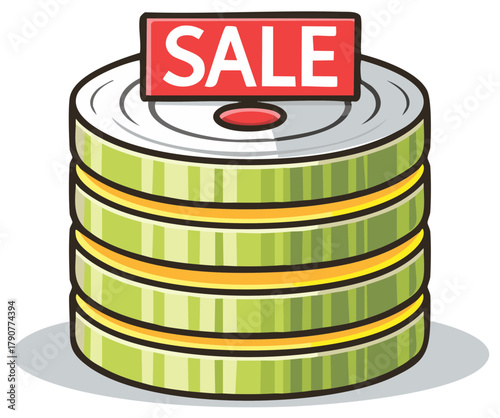 Cartoon database server stack illustration with a prominent red sale sign for tech promotions
