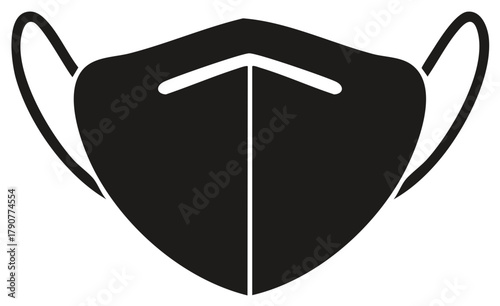Black face mask icon with ear loops and V-shaped nose clip, vector graphic illustration
