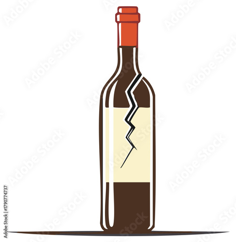 Broken wine bottle illustration, damaged beverage, cracked glass container