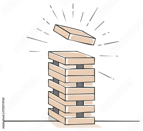 Wooden block tower game balancing challenge illustration with top piece moving