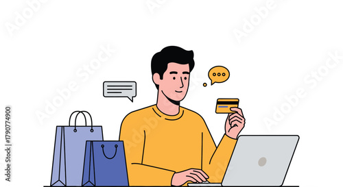 Man shopping online with laptop and credit card illustration
