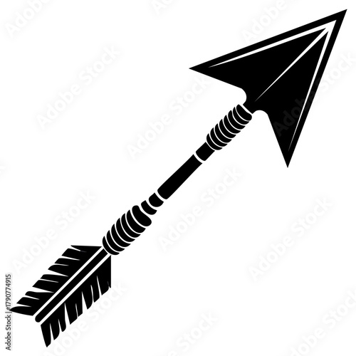 Black silhouette of a traditional tribal hunting arrow vector icon. Stylized indigenous weapon with broadhead and fletching.