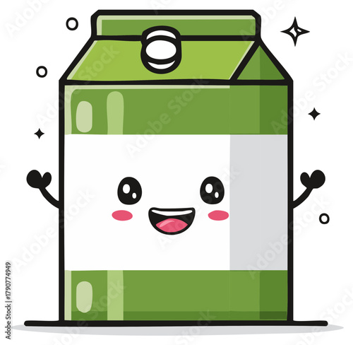 Happy kawaii green drink carton with a cute smiling face Adorable beverage mascot illustration