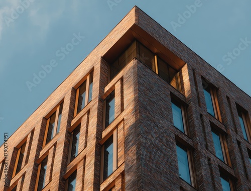 A low-angle view of a modern brick apartment building or condominium with large windows against a blue sky. A concept for urban real estate, housing, and contemporary architecture.
