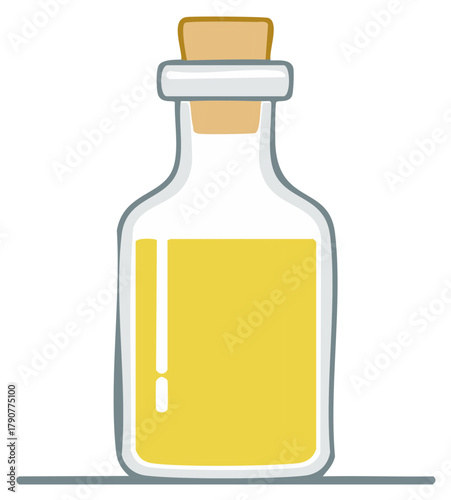 Cartoon glass bottle filled with bright yellow liquid sealed with a cork stopper simple hand drawn illustration
