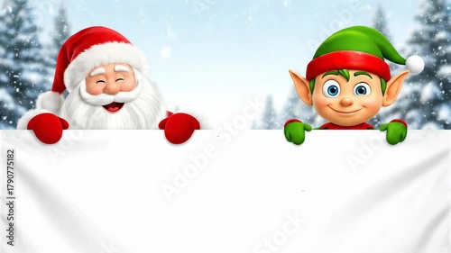 Santa and goofy elf holding blank banner in snowy winter forest